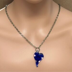 Hand Crafted Glass Blue Heart Pendant Necklace